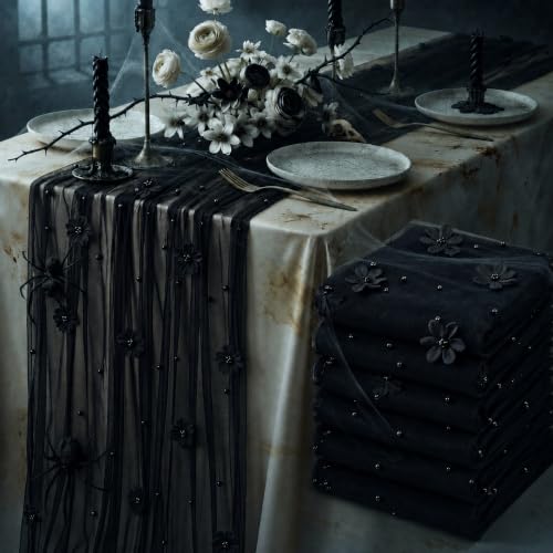 Black Pearl Tulle Table Runner - 6 Pcs 29x120 Inch Gothic Wedding Decor