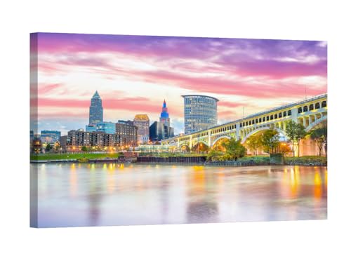 Cleveland Skyline Wall Art - Downtown Sunset Canvas Panel 36x24 Inches - Ready to Hang