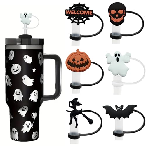 Halloween Silicone Straw Cover Cap for Stanley Cup - 6 Pack, Pumpkin Witch Ghost Skull Bat Designs - Halloween Variation