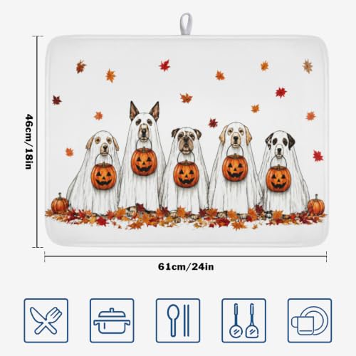Halloween Ghost Dogs Pumpkin Dish Drying Mat - 18x24 Inch Microfiber Kitchen Counter Pad - Fall Leaves Design