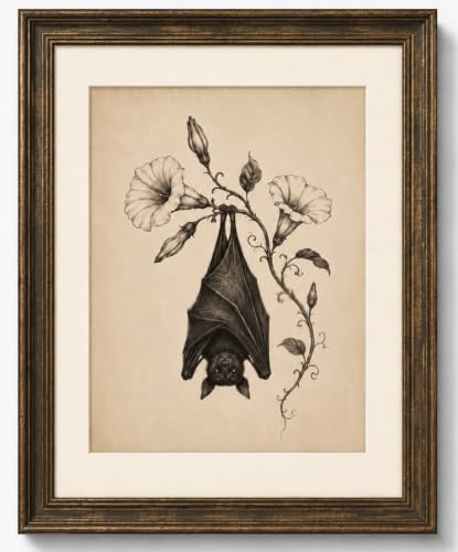 Vintage Halloween Bat Sketch Canvas Wall Art - Upside Down Bat 24x16 Inches