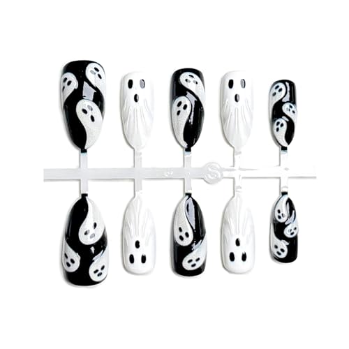 Halloween Ghost Press On Nails - Gothic Fake Nails with Glue - Medium Almond, 30Pcs