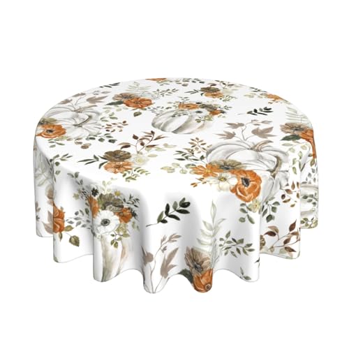 Round Fall Tablecloth 60-Inch Grey Pumpkins & Leaves - Watercolor Autumn Cover