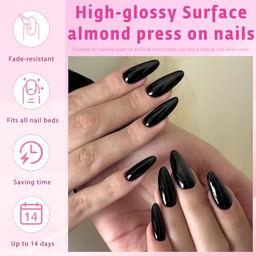 Black Almond Press On Nails Kit - 240pcs Medium Fake Nails with Glue & Adhesive Tabs