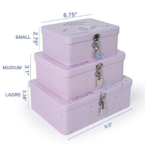 3-Piece Unicorn Pattern Metal Storage Box Set Pink Locking Organizer