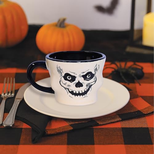 Vintage Halloween Ceramic Skull Mug with Black Handle - 12 Oz, Skeleton Face, Bone White & Black, Skull Variation