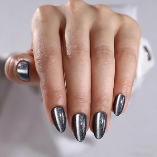 Grey Crystal Black Cat Eye Press On Nails - Medium Almond, 32 Count