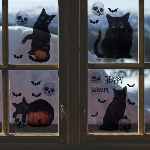 Black Cat Halloween Window Clings - 4 Sheets Spooky Party Decorations