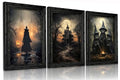 Halloween Canvas Wall Art Set - Dark Academia Gothic Witch Black Cat Castle Framed 16x12