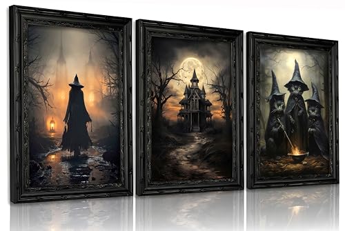 Halloween Canvas Wall Art Set - Dark Academia Gothic Witch Black Cat Castle Framed 16x12
