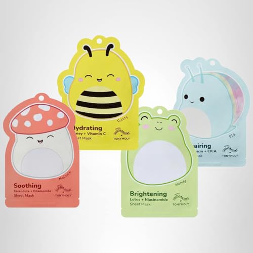 TONYMOLY x Squishmallows Sheet Mask Set – 4-Pack Facial Skincare Variety for Hydrating, Soothing, Repairing, Nourishing, Moisturizing & Glowing Skin