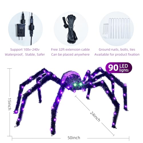 Giant Outdoor Spider Halloween Decoration - 4.2FT Lighted Yard Decor with 90 LED Lights