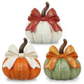 Fall Pumpkin Decor Set of 3 with Bows - Artificial Resin Rustic Autumn Decorations - White, Orange, Green
