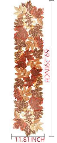 Autumn Fall Embroidered Leaves Table Runner 13x70 Inch for Thanksgiving Halloween Dining Decor