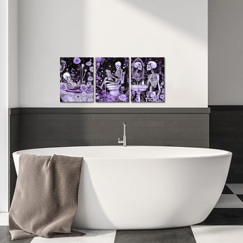 Gothic Skeleton Wall Art Set - Purple Moody Bathroom Decor 12x16 Inch Framed