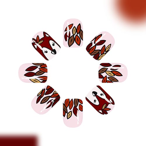 Fall Press On Nails Short Square Fake Nails with Squirrel & Leaves Design - 24 Pack