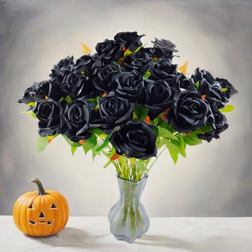 Artificial Black Rose Flowers - 13 Pack, 21 Inch Long Stem Silk Roses for Wedding, Halloween, Party & Home Decor