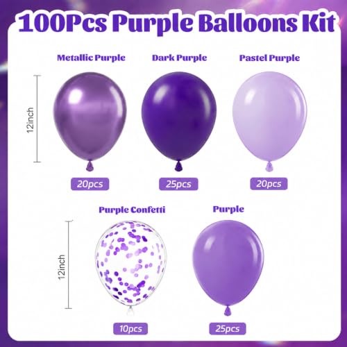 Dark Purple Balloons Set with Metallic & Confetti Options - 100pcs Balloon Decorations