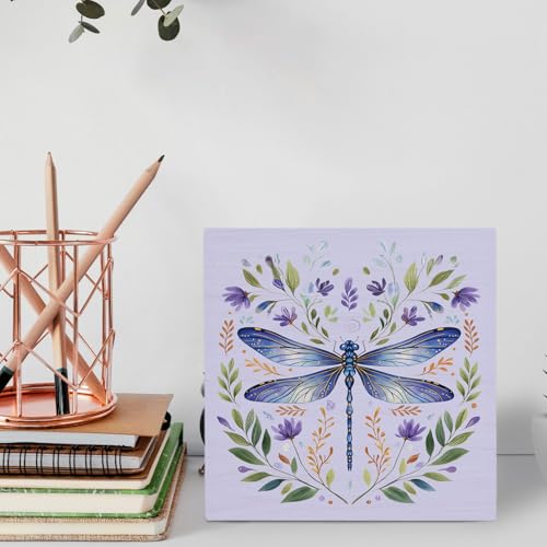 Purple Floral Dragonfly Wooden Desk Sign - Rustic Decorative Table Accent