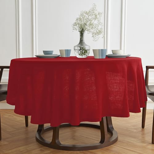 Red Linen Round Tablecloth 60 Inch - Prewashed & OEKO-TEX Certified