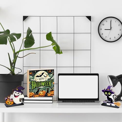 Halloween Ghost Wooden Decoration Sign - Cute Magic Cat Style - Variation Cat1