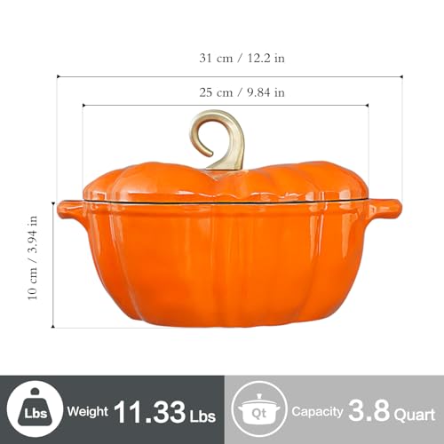 Orange Pumpkin Dutch Oven Pot 3.8 Qt Enameled Cast Iron Halloween Decor