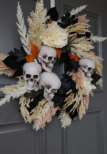 24-Inch Halloween Wreath with Skulls, Leaves & Peonies for Front Door Decor