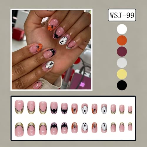 Halloween Press On Nails for Women - Short Oval Fake Nails 24Pcs - Variation 11