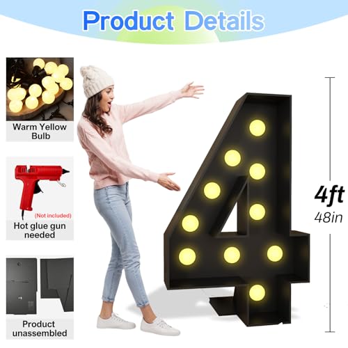 Black 4FT Light Up Number 4 Marquee for Birthday Party Decorations - Foam Cardboard Giant Cut-Out