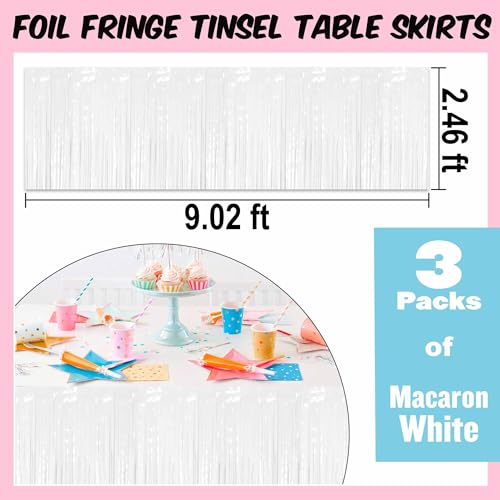 Macaron White Foil Fringe Table Skirts - 3 Pack Metallic Tinsel Streamers for Party Decor