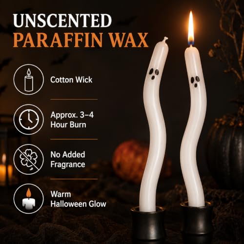 Ghost Taper Candles - 8 Inch Twisted Halloween Candles, 4 Pack with Ghost Faces
