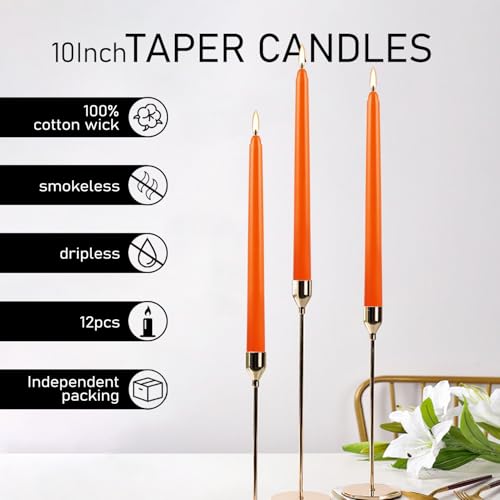 12 Pack 10-Inch Orange Taper Candles Unscented Dripless for Halloween & Holiday Decor - Variation of THIS Listing