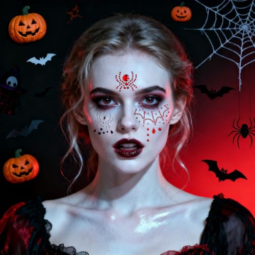 3PCS Halloween Face Gems Set - Spider Web Rhinestones for Women with Red, White, Black Variations