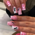 Halloween Press On Nails Medium Square Pink with Ghost Bat Flame - Style11