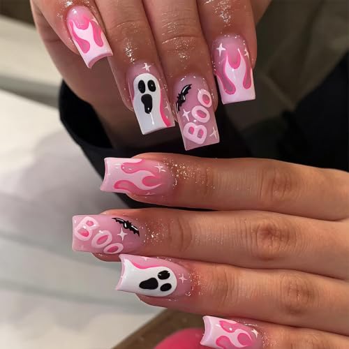 Halloween Press On Nails Medium Square Pink with Ghost Bat Flame - Style11