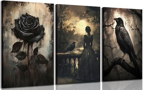 Crow Woman Gothic Canvas Wall Art Dark Academic Decor 16x24in Framed - Variation of Crow Woman / Wrapped Canvas / 24"L x 16"W
