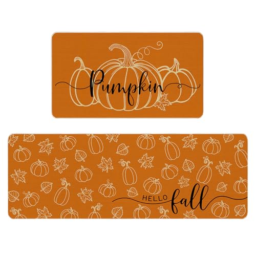 Fall Pumpkin Kitchen Rug Set of 2 - Autumn Decor Washable Non-Slip Mats