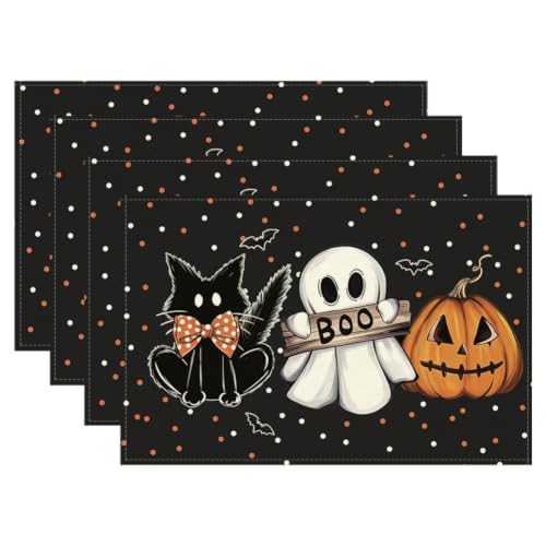Black Halloween Table Placemats Set of 4 12x18 Inches Pumpkin Cat Ghost Decor
