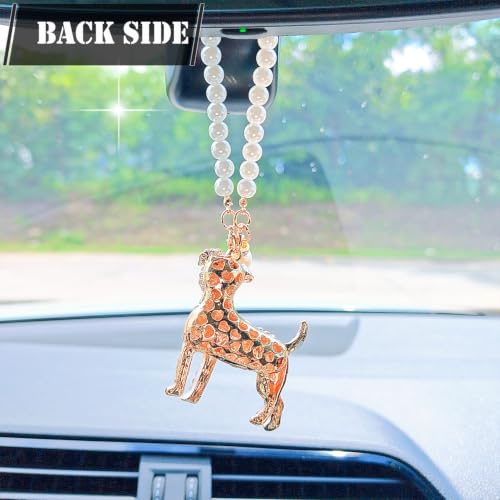 White Sparkling Dog Car Mirror Hanging Ornament with Pearl Chain - Bling Rearview Mirror Accessory