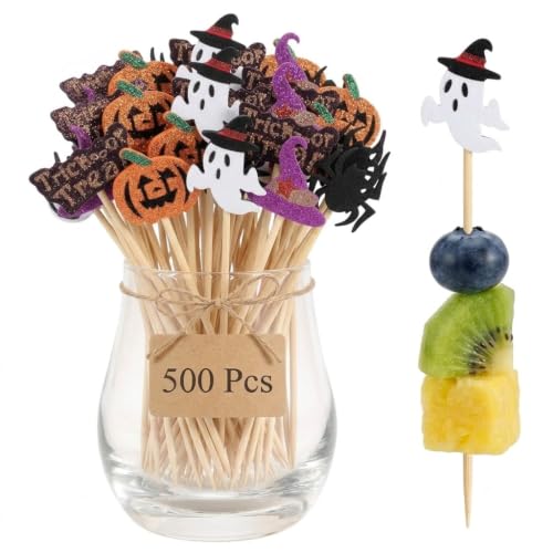 Halloween 500Pcs Cocktail Picks - Glitter Ghost Pumpkin Witch Hat Spider Skewers