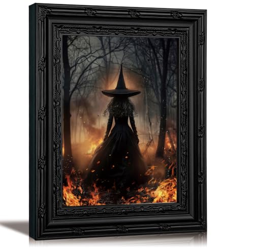 Halloween Flame Witch Canvas Wall Art - Black Framed 9x11in, Variation: Fire Witch