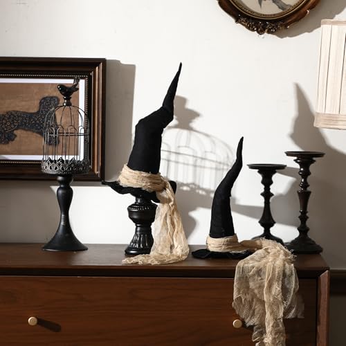 Vintage Halloween Witch Hat Table Centerpieces - Rustic Cotton Gauze Set, 13.78" & 11.02" - 2 Sizes