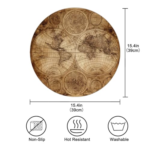 Round Placemat Set of 6 with World Map Design - Heat Resistant & Washable