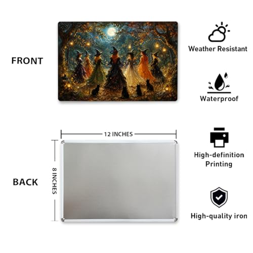 Halloween Witches Metal Sign Spooky Midnight Gathering Wall Decor 12x8 Inches