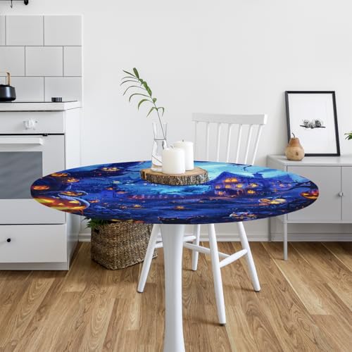 48-Inch Halloween Pumpkin Dream Fitted Round Tablecloth - Elastic Edge, Spill-Resistant, Durable Polyester, Variation A:b-8