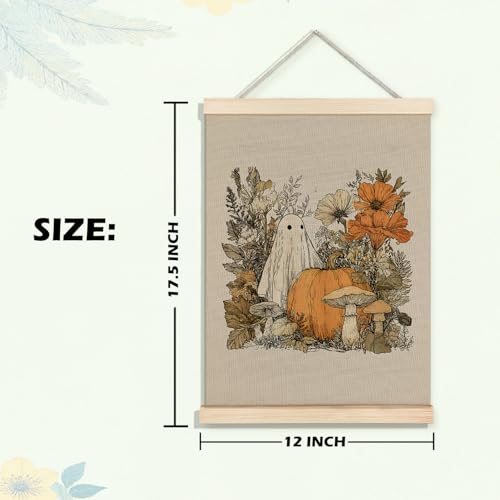 Gua Hua Halloween Fall Floral Pumpkin Ghost Wall Art Poster with Frame - 12x16 Inch Halloween Wall Decor for Home Bedroom Living Room - BearCake