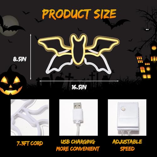 Warm Halloween Flying Bat Neon Sign - Animated Wing Flap Wall Decor