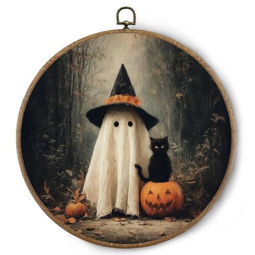 Halloween Ghost Cat Wall Art Decor - Framed Canvas Print, Rustic Halloween Home Decoration