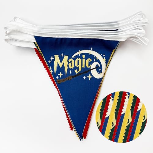 Magical Wizard Party Banner Set - Red Green Blue Yellow Fabric Pennants with Wizard Elements - Variation of Magic