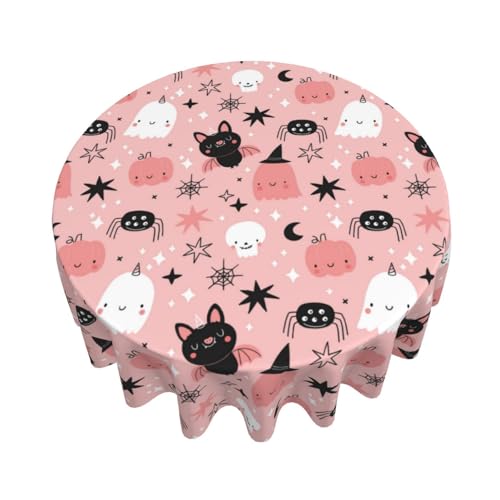 Pink Halloween Round Tablecloth 60 Inch Ghost Pumpkin Decoration, Washable & Wrinkle-Resistant